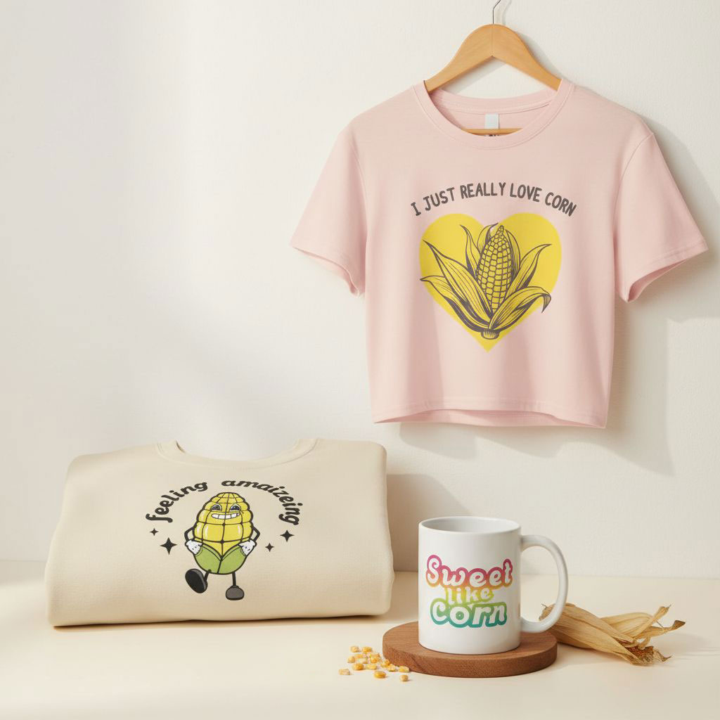 Pink T-shirt with corn graphic and text “I just really love corn,” folded beige sweatshirt with cartoon corn and “feeling amazing,” and mug reading “Sweet like corn.”