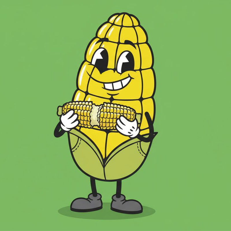 Smiling Cobbie corn character holding and eating a cob of corn against a solid green background.